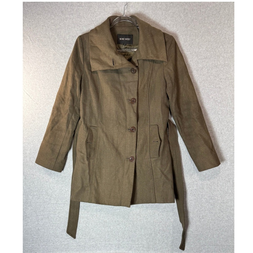 Nine West Trench Coat Women's 10 Brown Wool Lined Pockets Single Breasted Belted